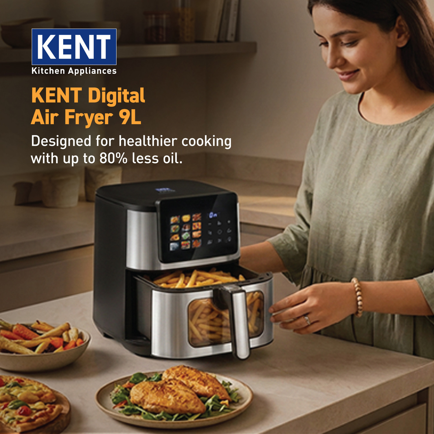 Image of KENT Digital Air Fryer 9L| 2200W |Bake,Grill&Roast|Up to 80% Less Oil Usage| Air Fryer
