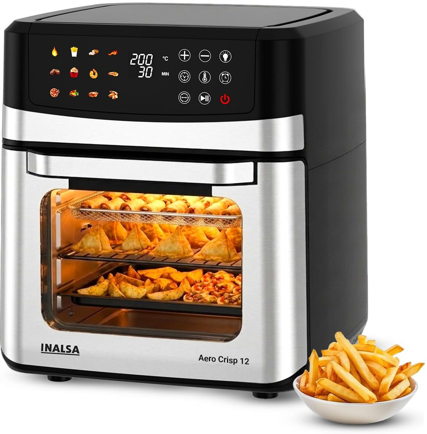 Image of Inalsa Aero Crisp 12,1700W,Stainless Steel Body 12-in-1 Functions Oven,Fry,Bake,Grill,Dehydrate&Reheat|12 Preset|Rotisserie&Convection|Dishwasher Safe Accessories,2Yr Warranty Air Fryer