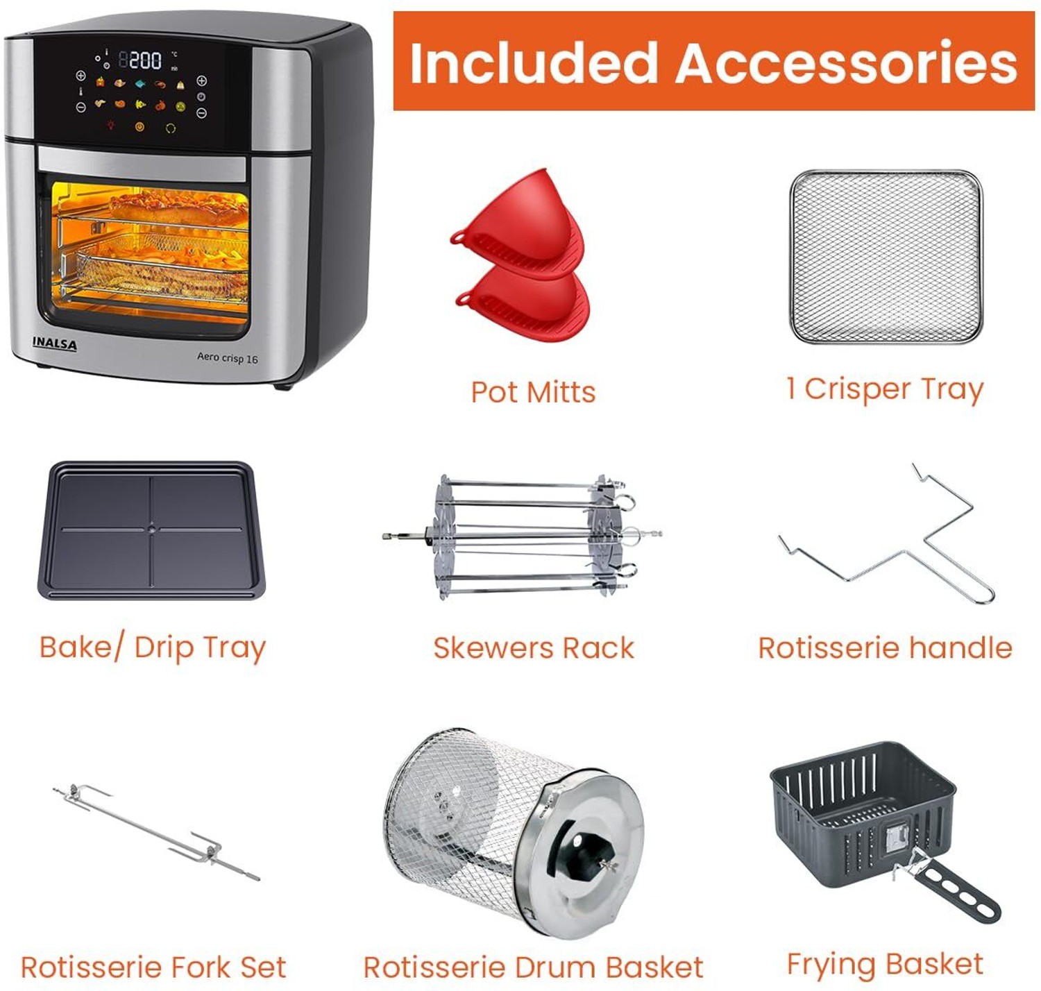 Image of Inalsa Aero Crisp16 Oven,1800W,12-in-1 Functions,Fry,Bake,Grill,Dehydrate,Roast& Reheat Air Fryer