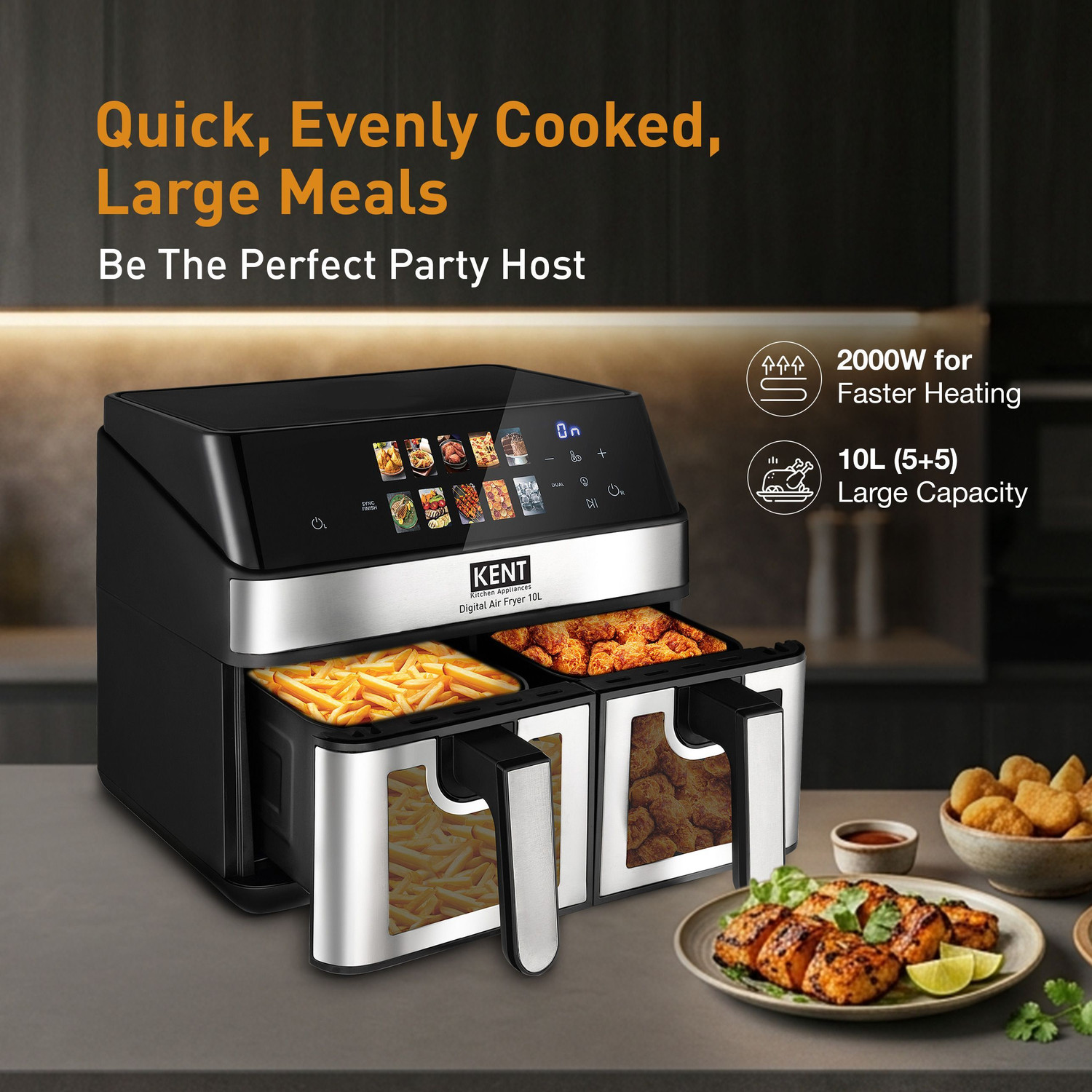 Image of KENT Digital Air Fryer 10L 2000W Up to 80% Less Oil Usage 10 Preset Menu Digital Display & Touch Control Panel Glass Window with in built Light Dual Basket for Cooking 2 Dishes Simultaneously Air Fryer