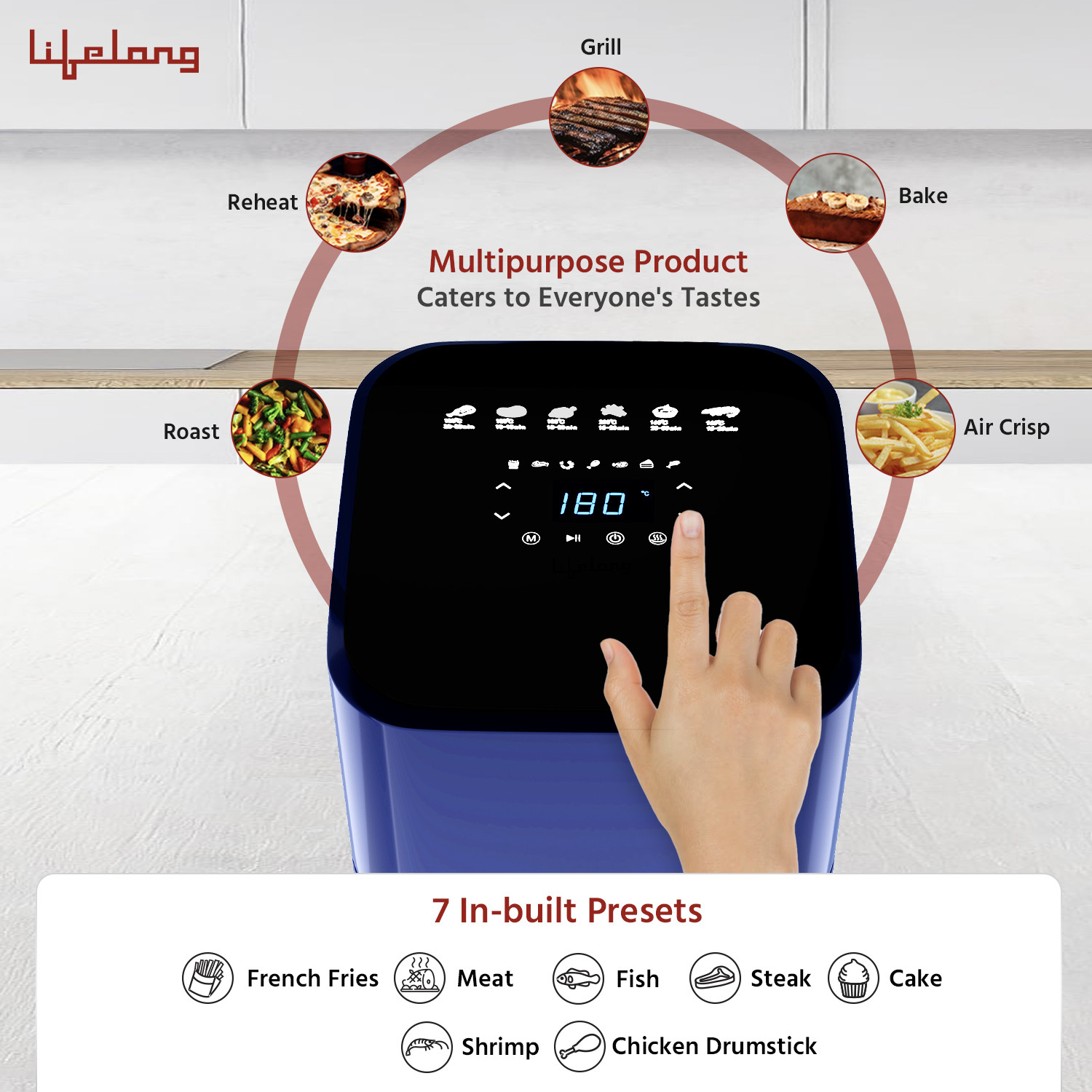 Image of Lifelong LLHFD450 with Digital Touch Panel | 1200 W |Timer Selection & Adjustable Temperature Control | Preset Menu |Uses upto 90% Less Oil |Fry, Grill, Roast, Reheat and Bake Air Fryer