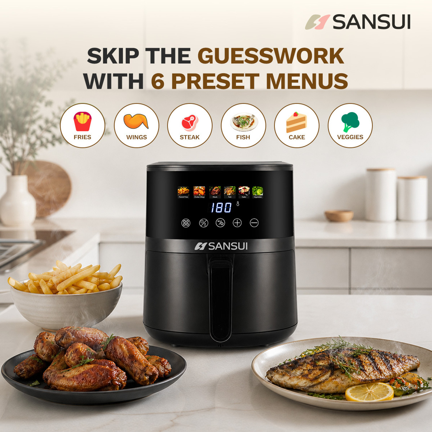 Image of Sansui Kurkura Magic 5L With 85% Less Oil Consumption, Digital Touchscreen with Color Display, Non-Stick Basket Air Fryer