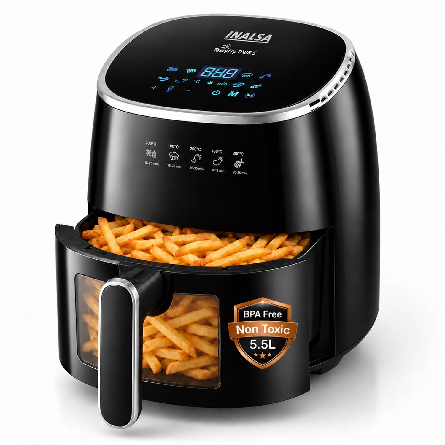 Inalsa Tasty Fry DW 5.5, 1600W, Digital, Electric with LED Display 8 Presets, Food Safe Non-Toxic Air Fryer
