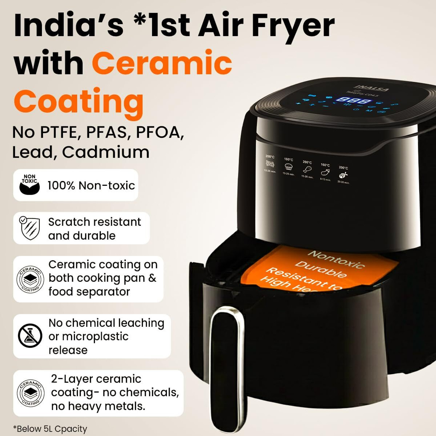 Image of Inalsa Tasty Fry CD,1400W,Non Toxic,Ceramic, AirCrisp Tech,Touch Screen Air Fryer