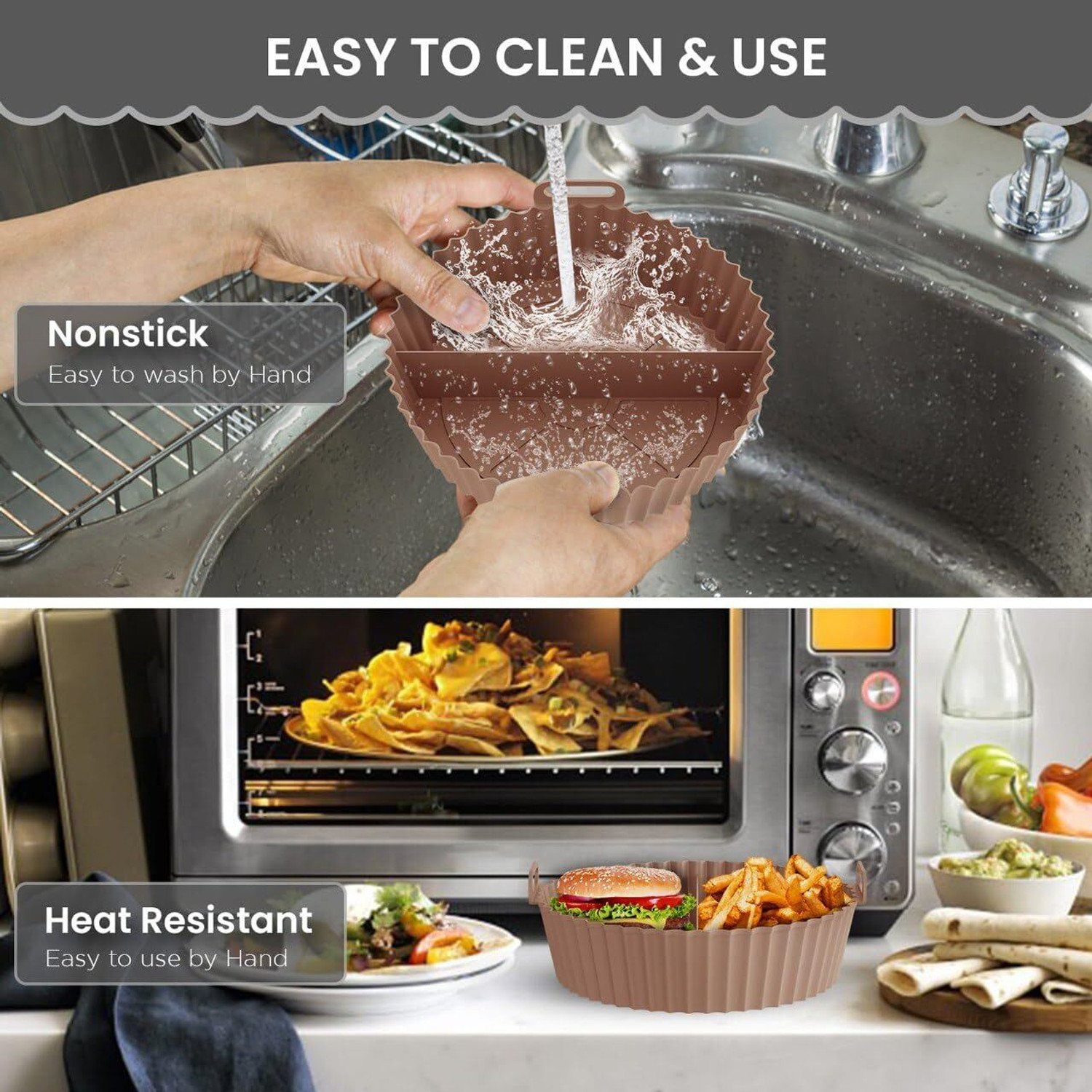 Image of TRUJVE 2p Air Fryer Liner Round Silicone Basket Baking Tray Pot with Divider Ear Handle Air Fryer