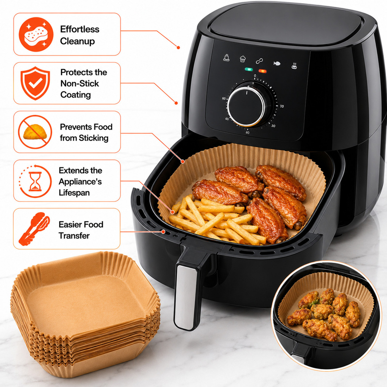 Image of Nicovo Air Fryer Paper Liners Disposable - 100 Pcs Non-Stick Parchment Paper Sheets Air Fryer