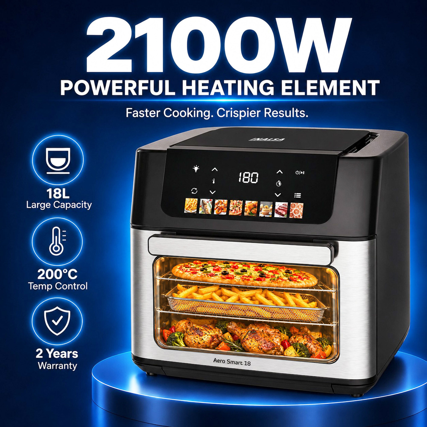 Image of Inalsa Aero Smart 18 |Oven|Roast, Reheat, Dehydrate, Bake ,Convection Rotisserie & Convection,10 Accessories, Recipe Book-Black Air Fryer