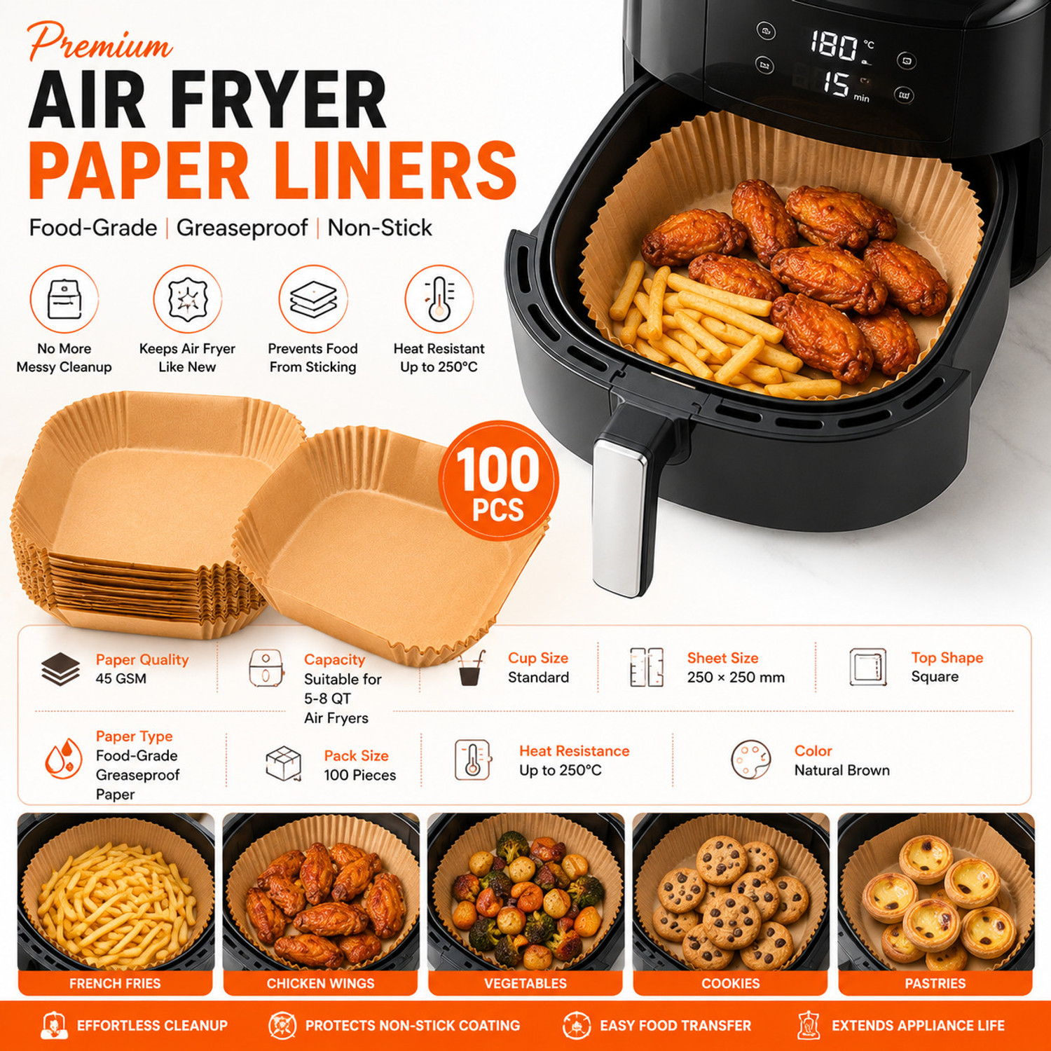 Image of Nicovo Air Fryer Paper Liners Disposable - 100 Pcs Non-Stick Parchment Paper Sheets Air Fryer