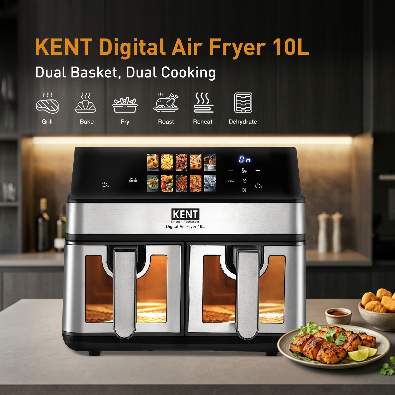 Image of KENT Digital Air Fryer 10L 2000W Up to 80% Less Oil Usage 10 Preset Menu Digital Display & Touch Control Panel Glass Window with in built Light Dual Basket for Cooking 2 Dishes Simultaneously Air Fryer