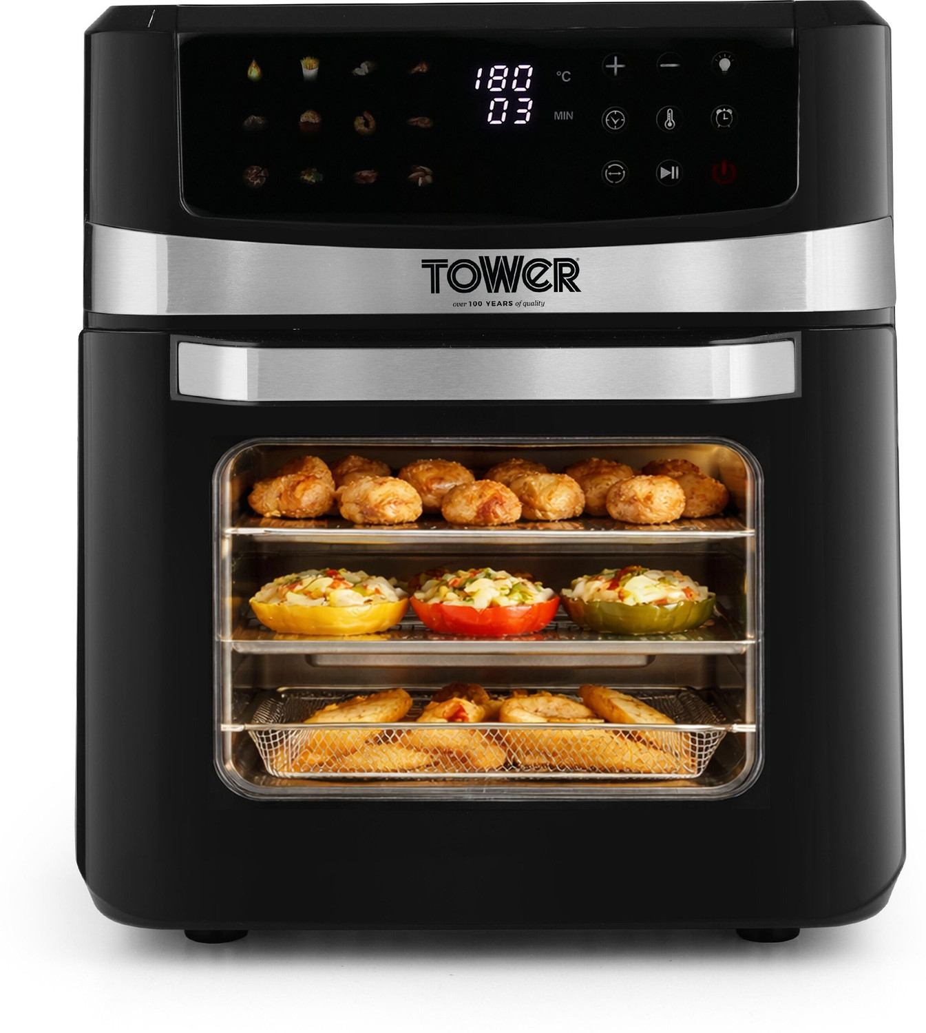 Image of Tower Vortx 12L | 1600W | 12 Preset Menus | Bake, Grill & Roast | Digital Touch Display | Rapid Air Circulation Technology | Glass Window with built-in Light | Adjustable Temperature & Timer | Up to 80% Less Oil Usage | Air Fryer