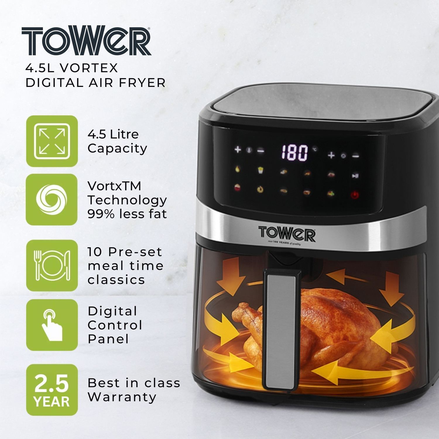 Image of Tower Vortx Digital Colour Display 4.5L | 1600W | 10 Preset Menus | Bake, Grill & Roast | Digital Touch Display | Rapid Air Circulation Technology | Glass Window with built-in Light | Adjustable Temperature & Timer | Up to 80% Less Oil Usage | Air Fryer