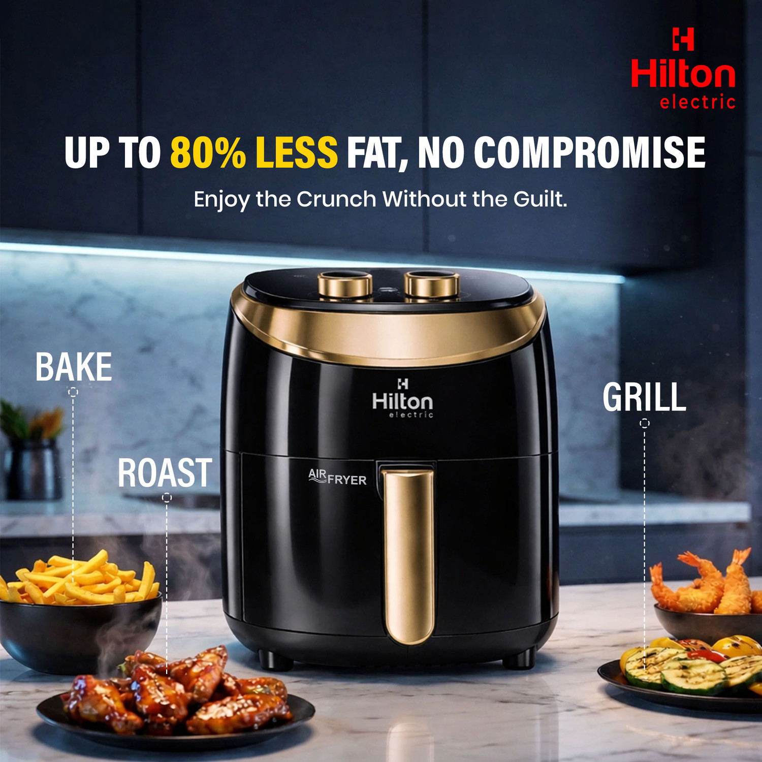 Image of HILTON 1200W Electric Manual Air Fryer, Automatic Shut Off, 4.2 Litre Non-Stick Basket Air Fryer
