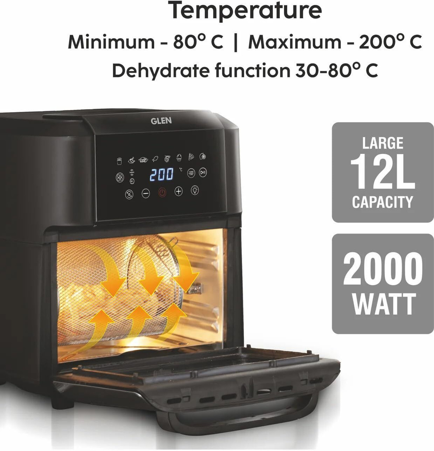 Image of Glen Digital Air Fryer 2000W 8 Pre Set Menu Time and Temperature Control Air Fryer