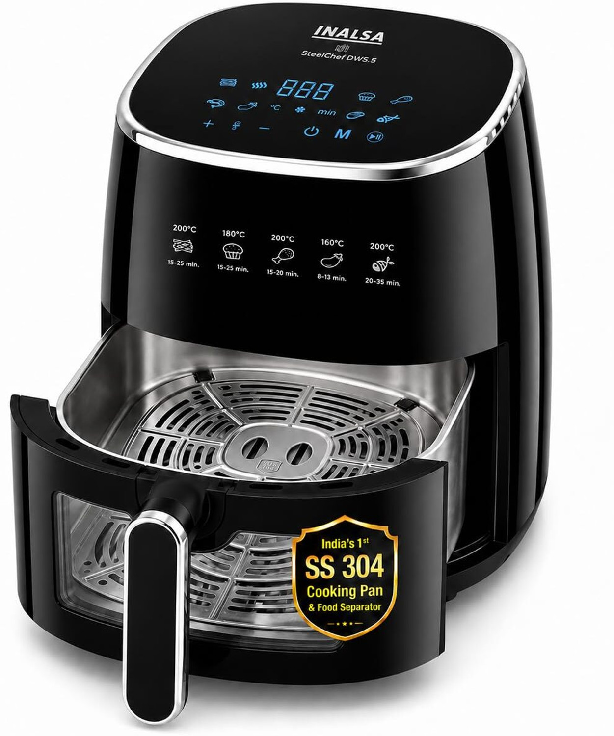 Image of Inalsa Digital,SteelChef DW5.5,1600W,8-Smart Presets,Stainless Steel,Non Toxic oil free Air Fryer