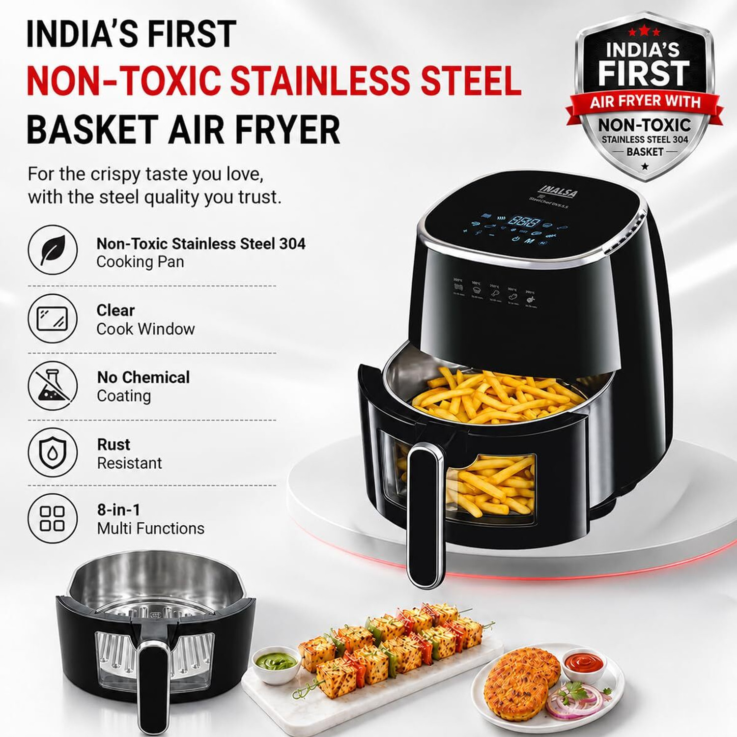 Image of Inalsa Digital,SteelChef DW5.5,1600W,8-Smart Presets,Stainless Steel,Non Toxic oil free Air Fryer