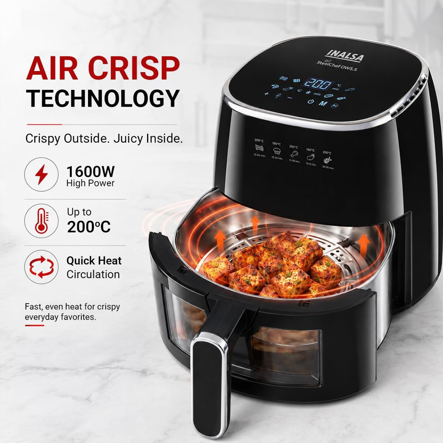 Image of Inalsa Digital,SteelChef DW5.5,1600W,8-Smart Presets,Stainless Steel,Non Toxic oil free Air Fryer