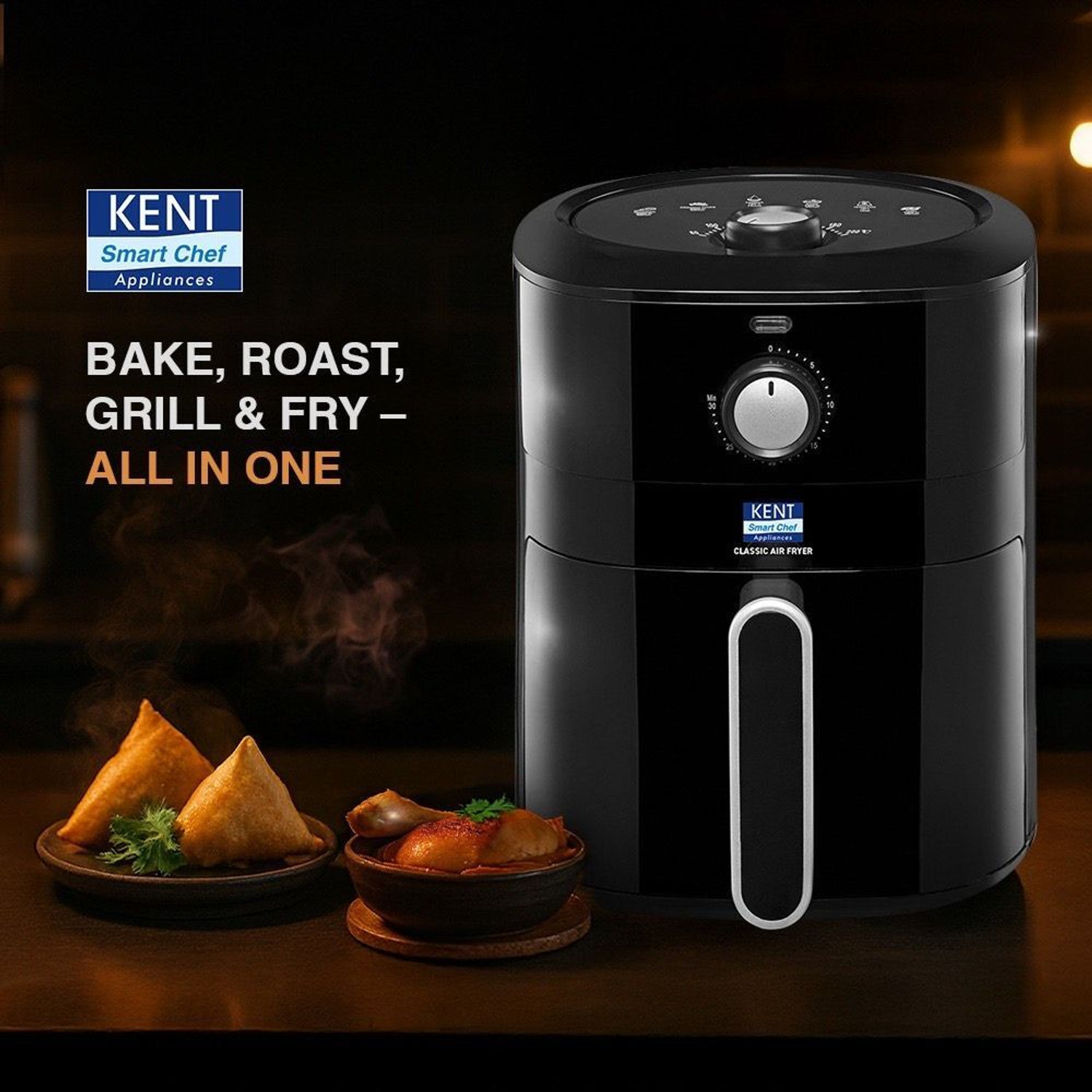Image of KENT Classic Hot Air Fryer 4L 1300 W | 80% Less Oil | Instant Electric Air Fryer | Auto Cut Off | Fry, Grill, Roast, Steam, and Bake Air Fryer