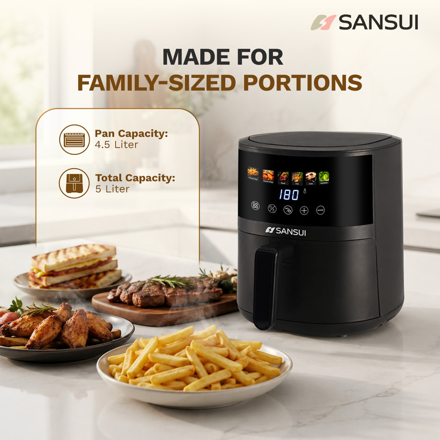 Image of Sansui Kurkura Magic 5L With 85% Less Oil Consumption, Digital Touchscreen with Color Display, Non-Stick Basket Air Fryer