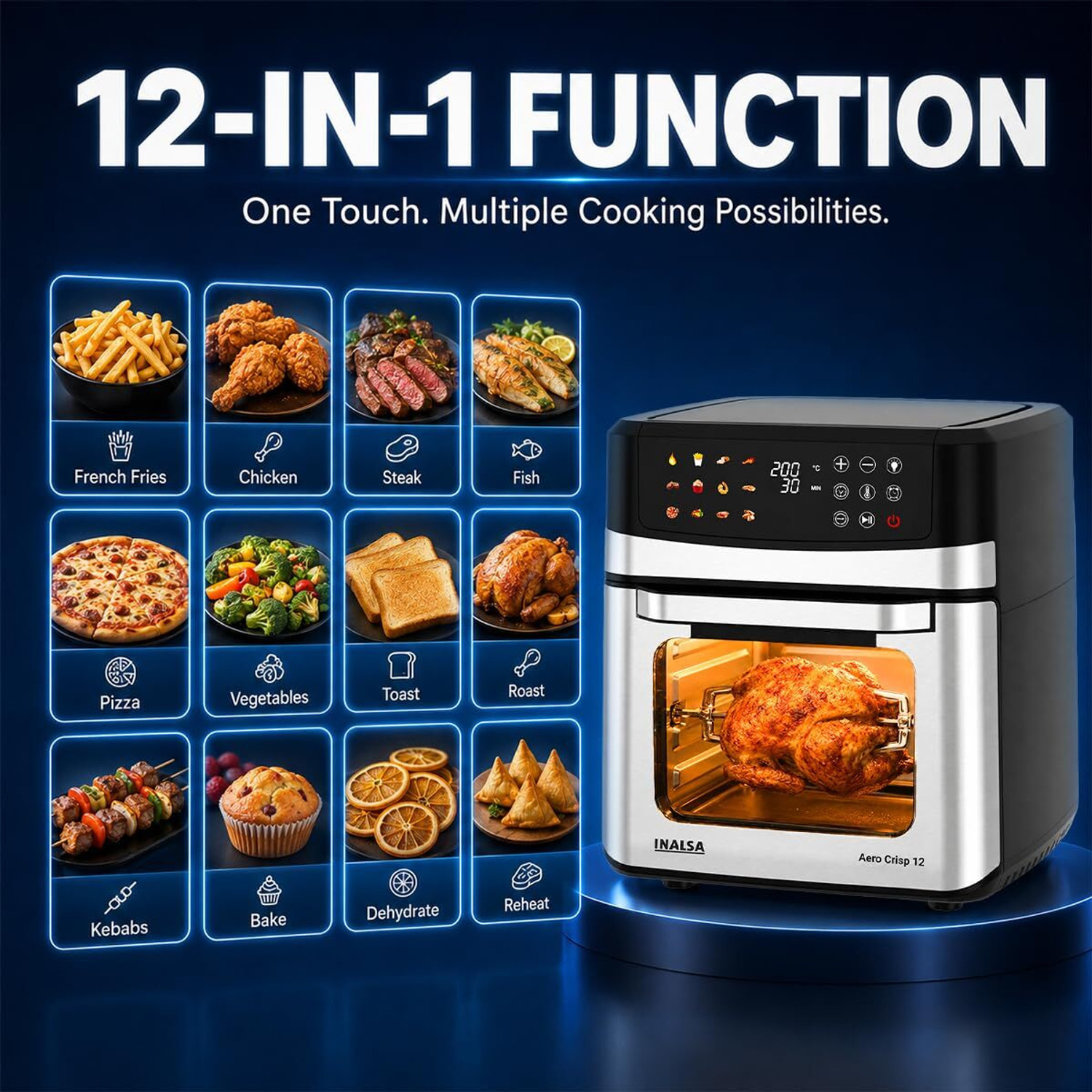 Image of Inalsa Aero Crisp 12,1700W,Stainless Steel Body 12-in-1 Functions Oven,Fry,Bake,Grill,Dehydrate&Reheat|12 Preset|Rotisserie&Convection|Dishwasher Safe Accessories,2Yr Warranty Air Fryer