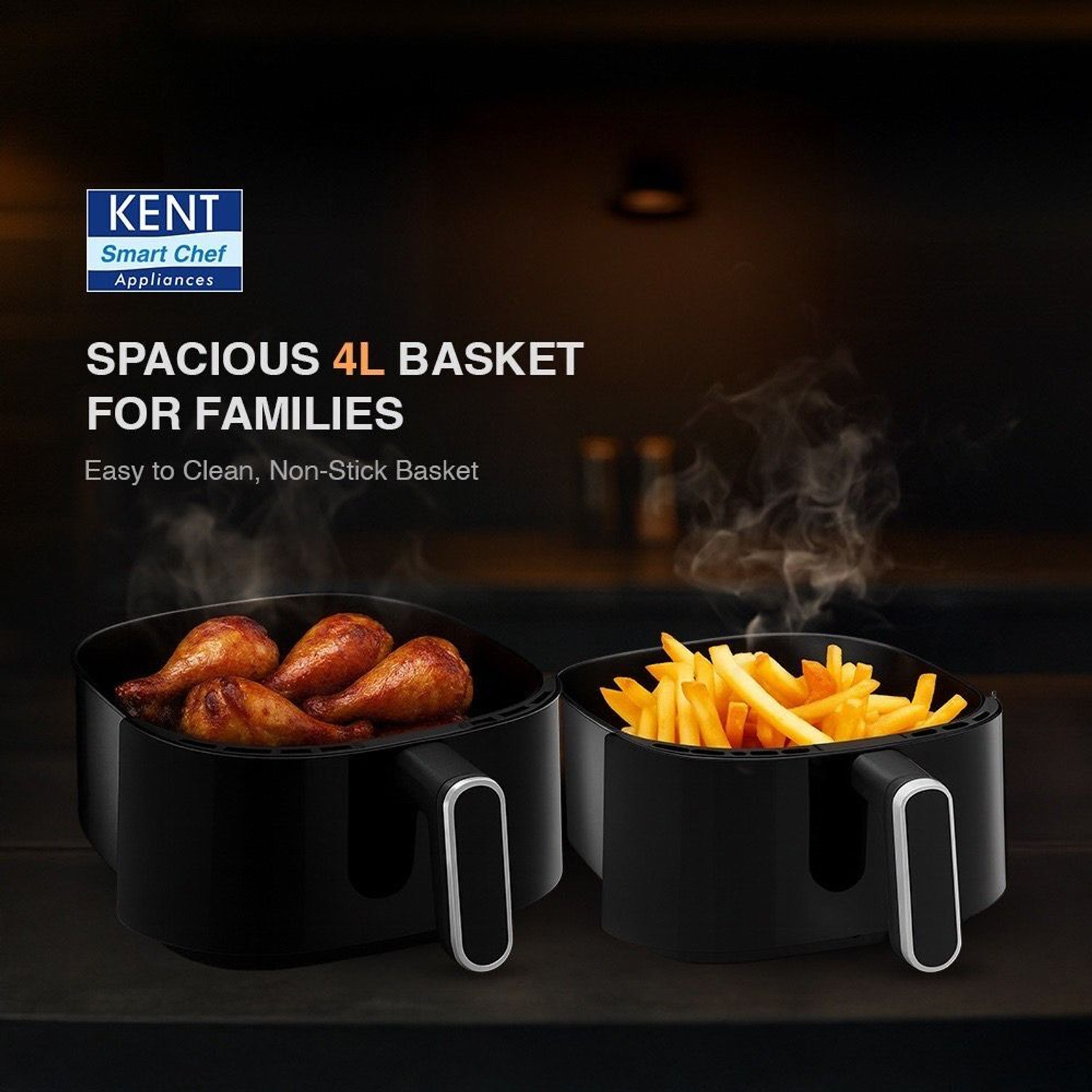 Image of KENT Classic Hot Air Fryer 4L 1300 W | 80% Less Oil | Instant Electric Air Fryer | Auto Cut Off | Fry, Grill, Roast, Steam, and Bake Air Fryer
