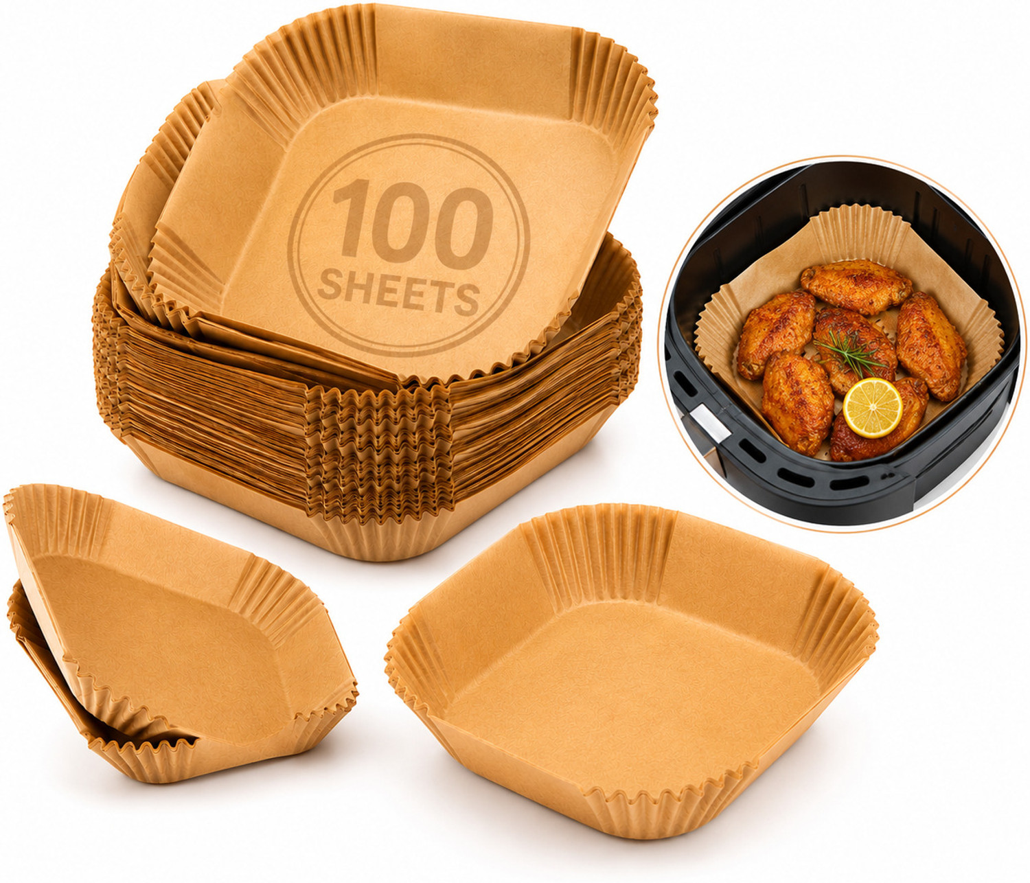 Image of Nicovo Air Fryer Paper Liners Disposable - 100 Pcs Non-Stick Parchment Paper Sheets Air Fryer