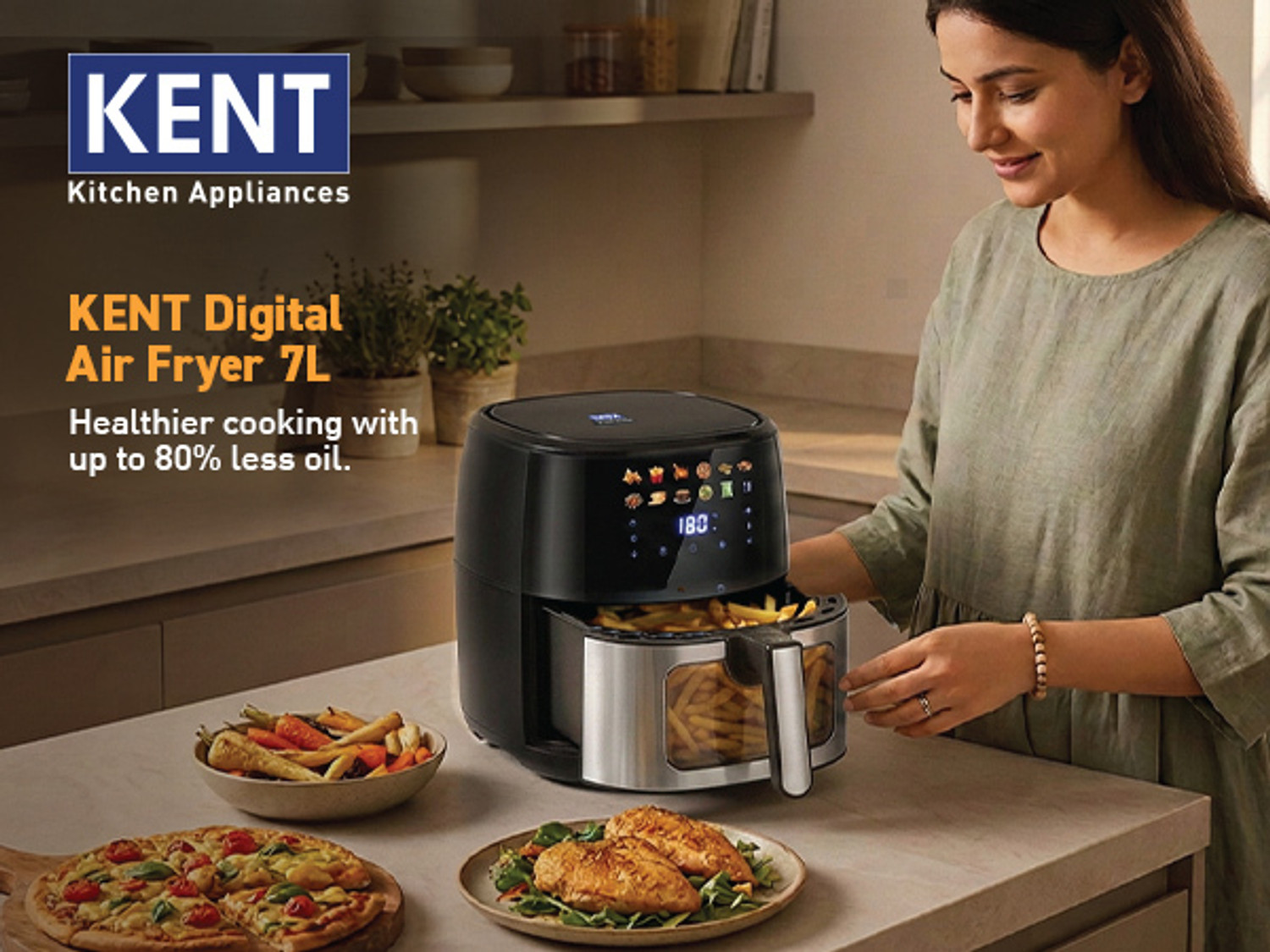 Image of KENT Digital Air Fryer 7L | 1500W | Bake, Grill & Roast | Up to 80% Less Oil Usage | Air Fryer