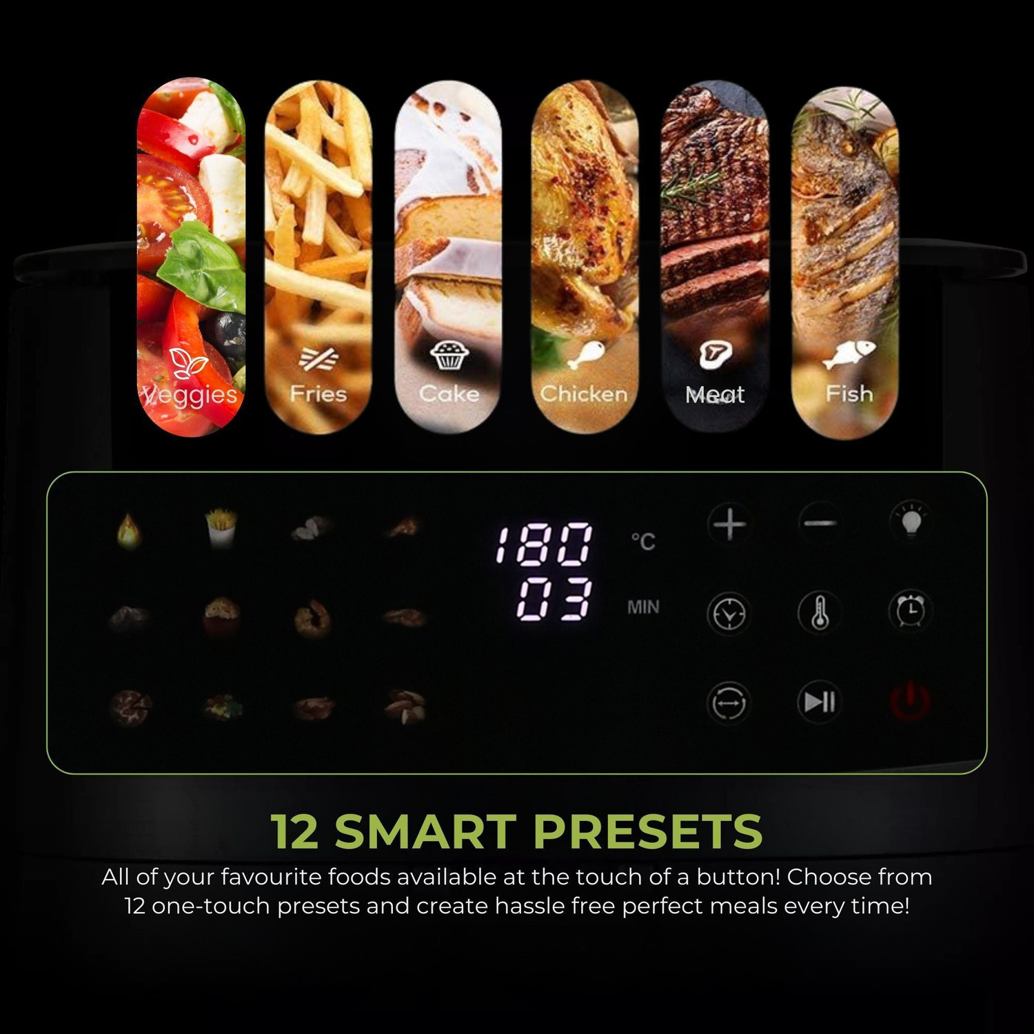 Image of Tower Vortx 12L | 1600W | 12 Preset Menus | Bake, Grill & Roast | Digital Touch Display | Rapid Air Circulation Technology | Glass Window with built-in Light | Adjustable Temperature & Timer | Up to 80% Less Oil Usage | Air Fryer