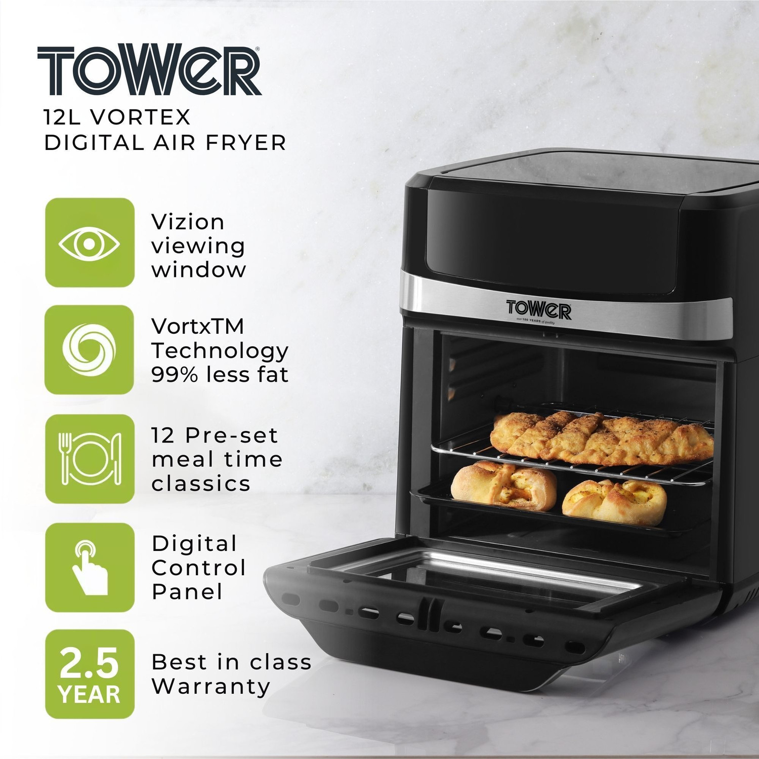 Image of Tower Vortx 12L | 1600W | 12 Preset Menus | Bake, Grill & Roast | Digital Touch Display | Rapid Air Circulation Technology | Glass Window with built-in Light | Adjustable Temperature & Timer | Up to 80% Less Oil Usage | Air Fryer