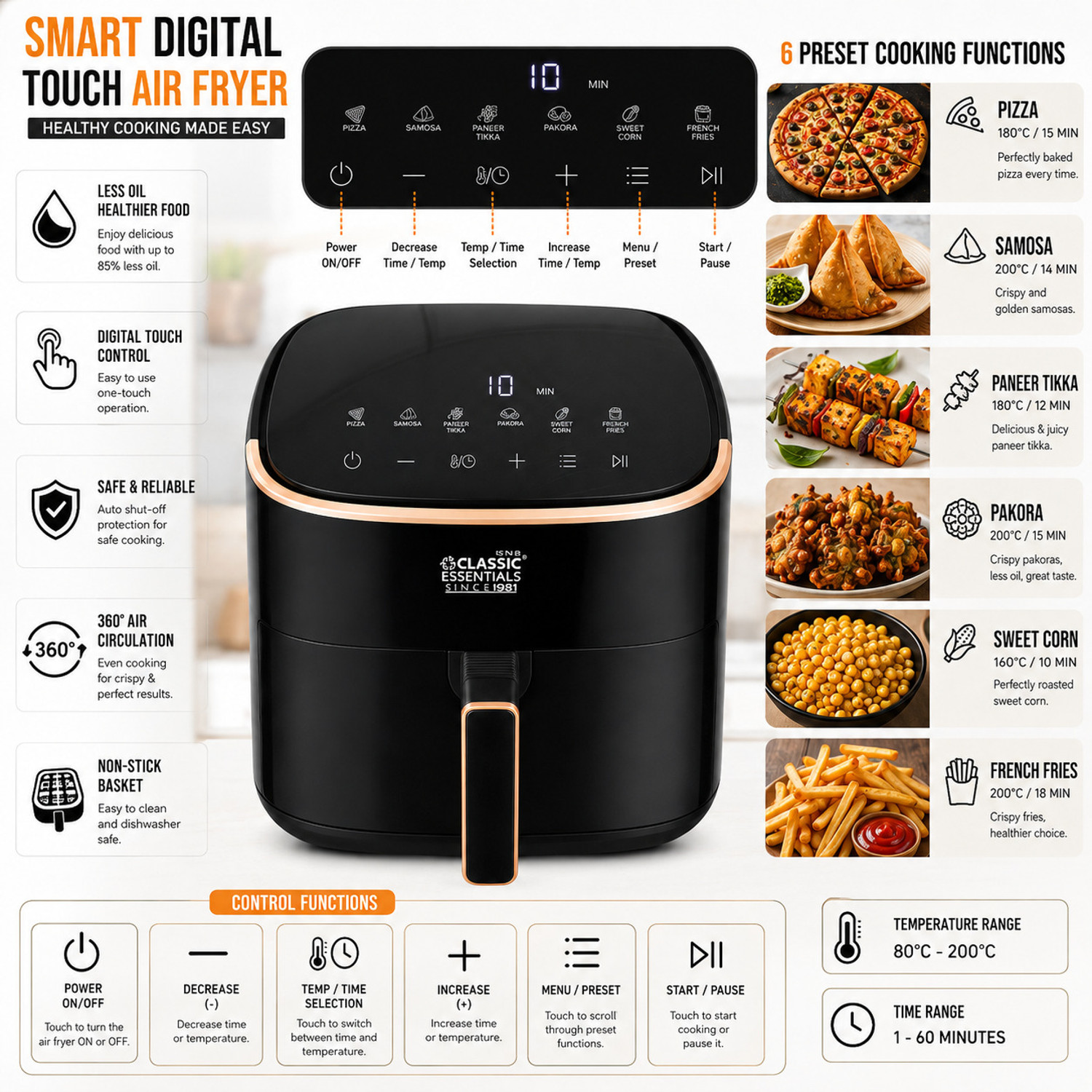 Image of Classic Essentials Digital Air Fryer | 360 Air Circulation | Non-Stick Basket | Less Oil Cooking Air Fryer