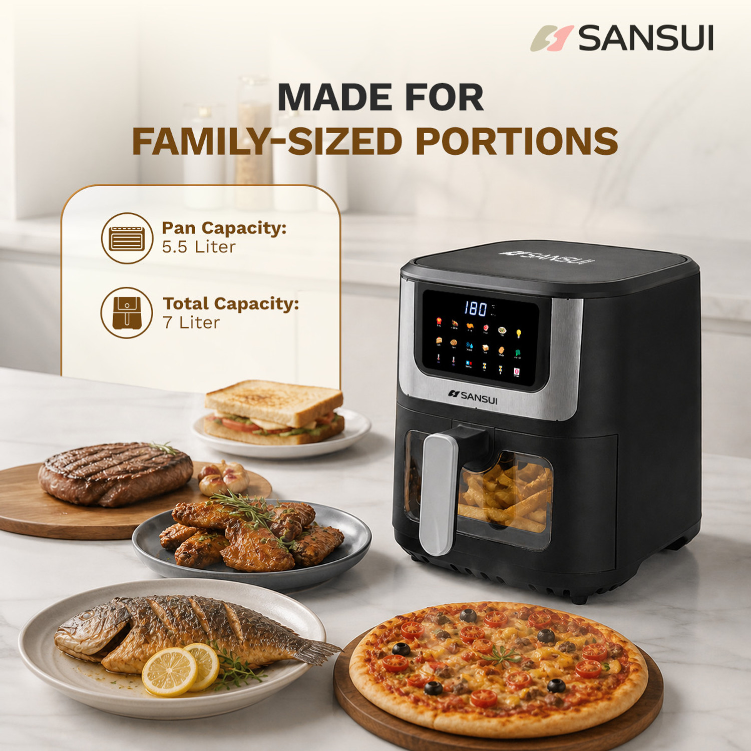 Image of Sansui Kurkura Magic With 85% Less Oil Consumption, Digital Touchscreen with Color Display, 4kV Surge Protection Air Fryer