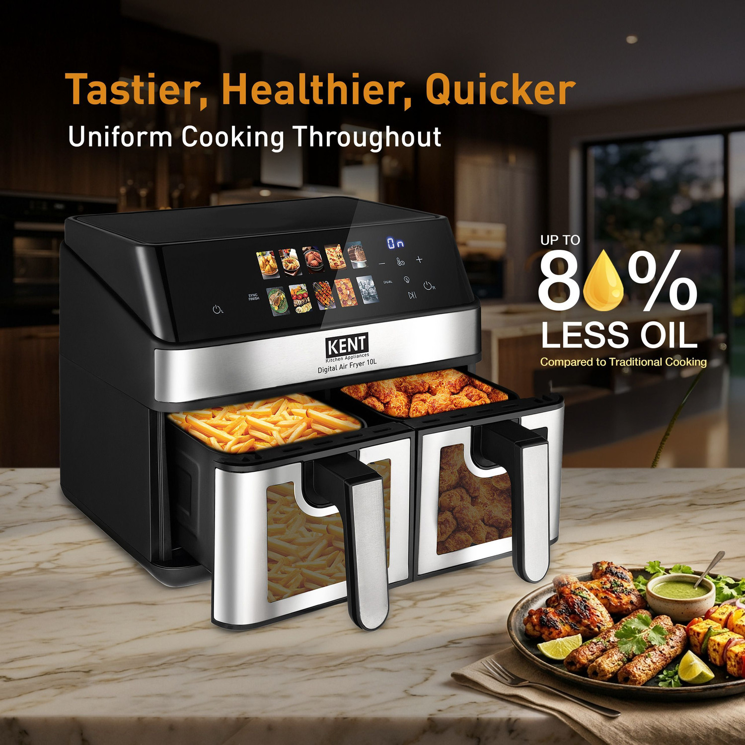 Image of KENT Digital Air Fryer 10L 2000W Up to 80% Less Oil Usage 10 Preset Menu Digital Display & Touch Control Panel Glass Window with in built Light Dual Basket for Cooking 2 Dishes Simultaneously Air Fryer