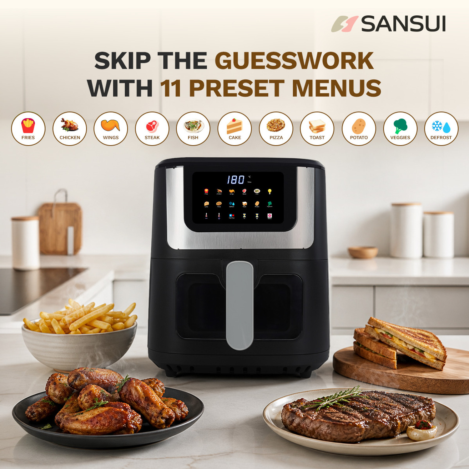 Image of Sansui Kurkura Magic With 85% Less Oil Consumption, Digital Touchscreen with Color Display, 4kV Surge Protection Air Fryer