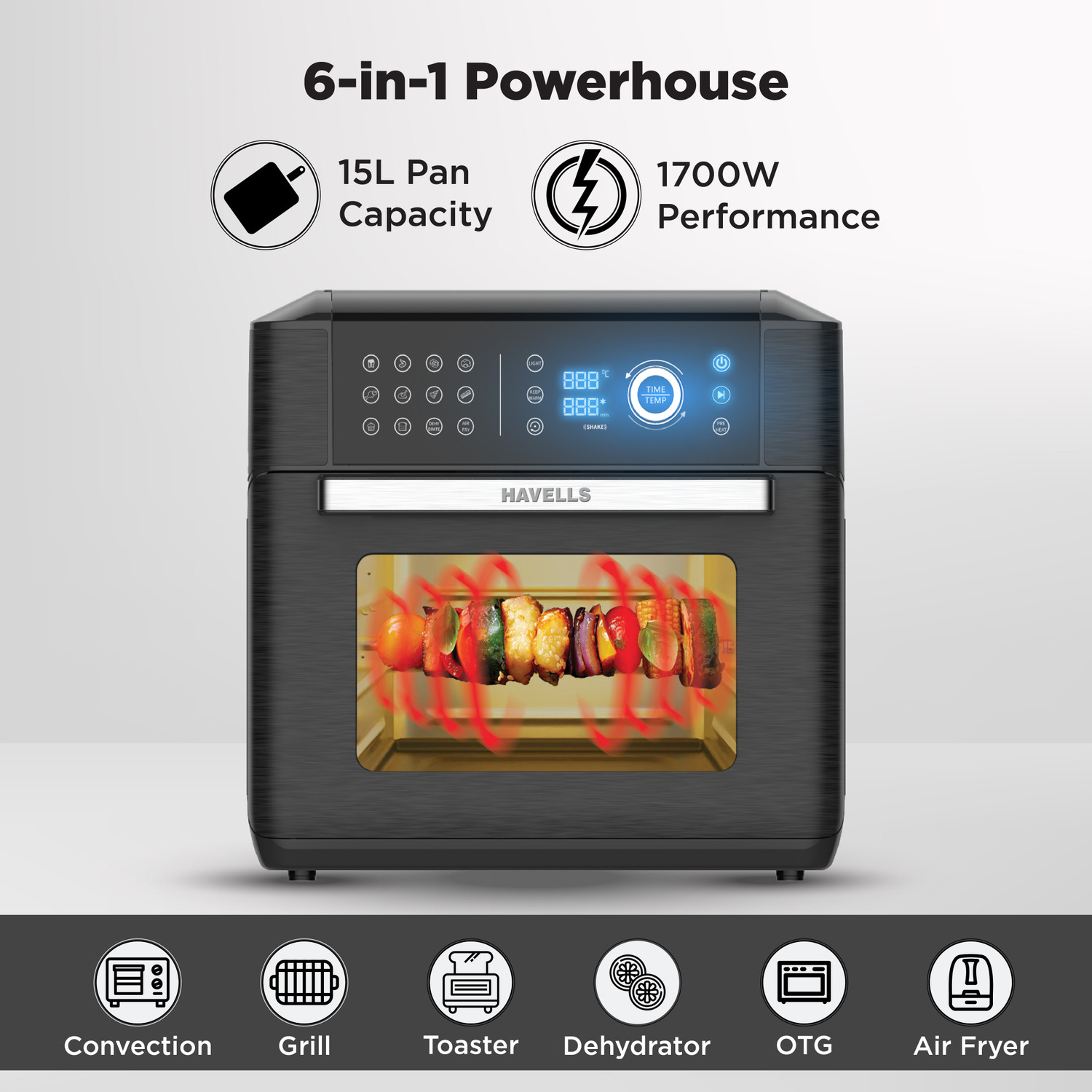 Image of Havells India GHCAFEFK170 Digital Touch Control14 Pre-SetsAerocrisp TechnologyIncludes Skewer Set,Rotisserie Fork,Mesh,Baking Tray Air Fryer