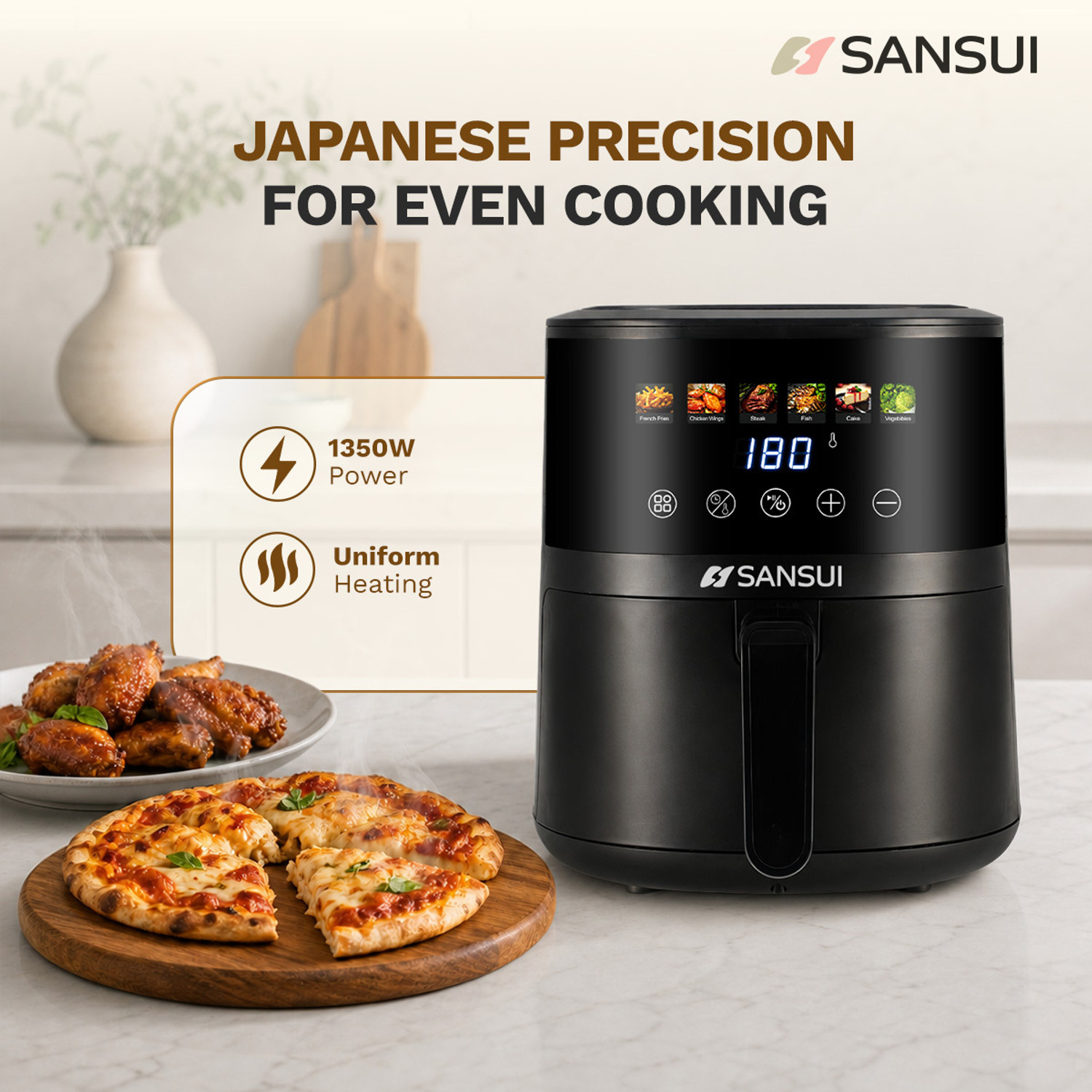 Image of Sansui Kurkura Magic 5L With 85% Less Oil Consumption, Digital Touchscreen with Color Display, Non-Stick Basket Air Fryer