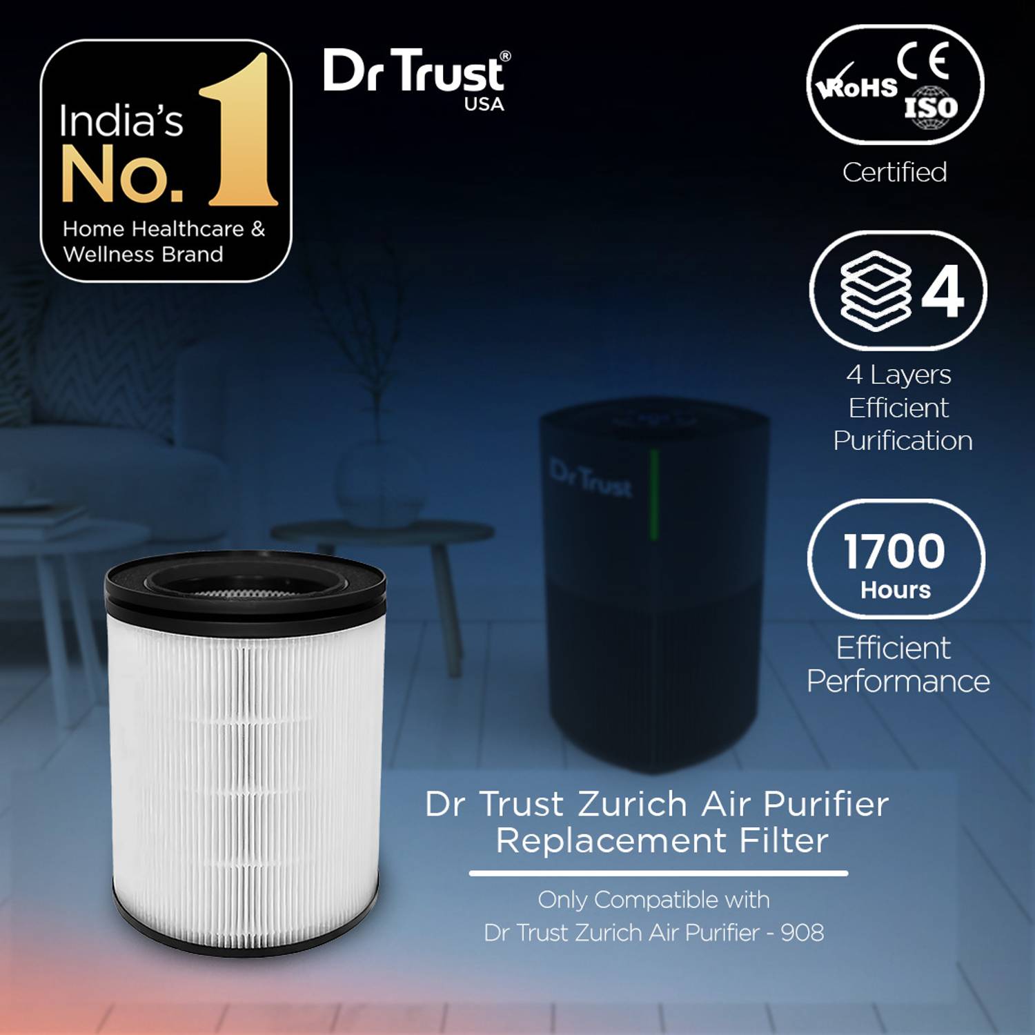 Dr Trust Replacement Filter 910 for Zurich 908, Carbon Filter & UV