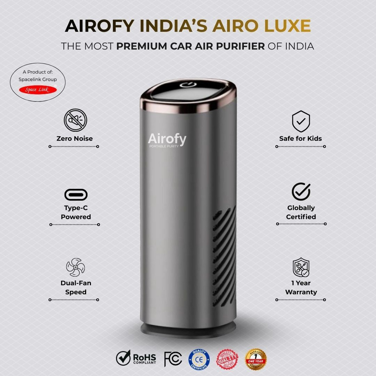 Image of Airofy India Airo Luxe with HEPA H13 Filter Portable Car Air Purifier