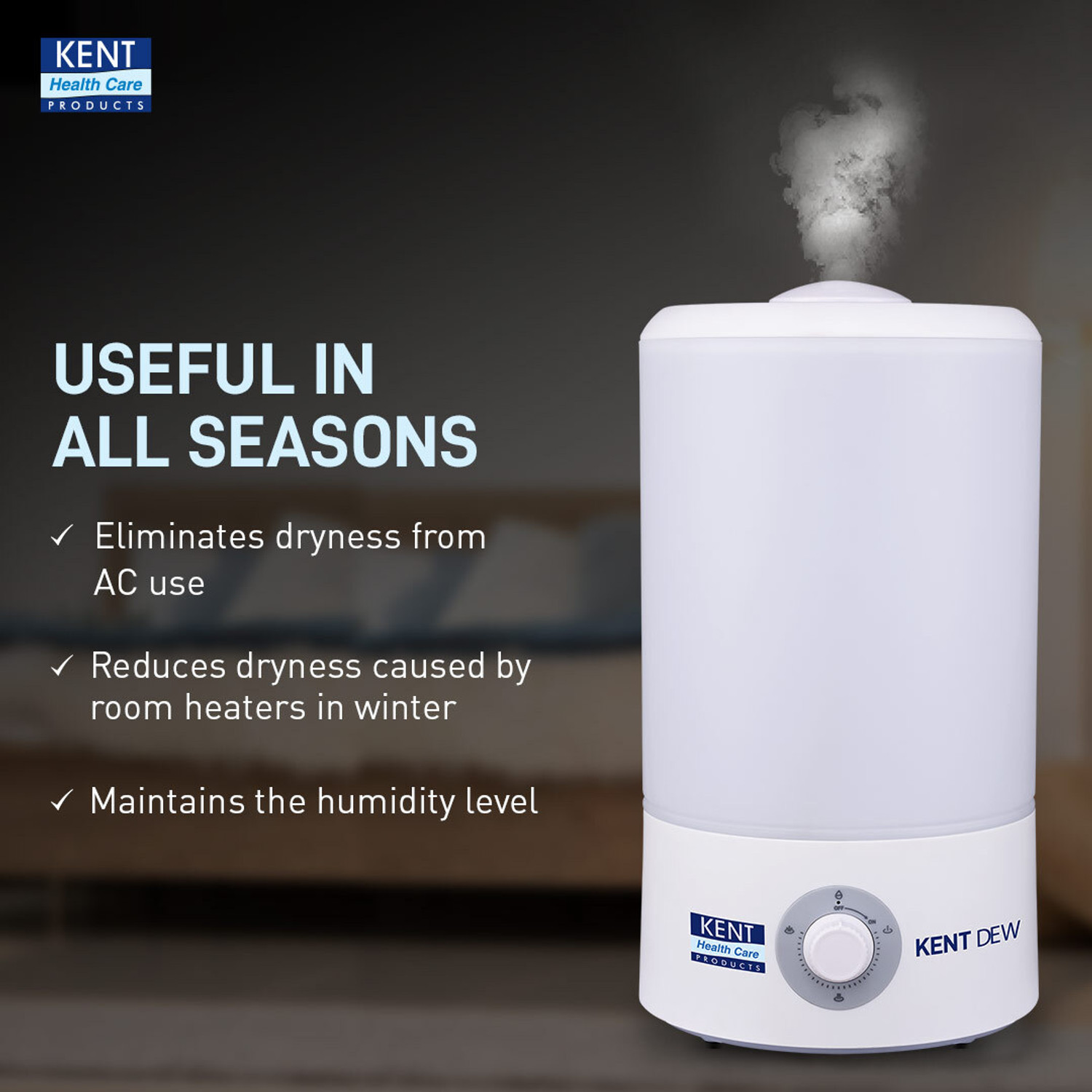 Image of KENT Dew Humidifier with Ultrasonic Mist 4L|25W|Eliminates Dryness of AC /Heater Portable Room Air Purifier