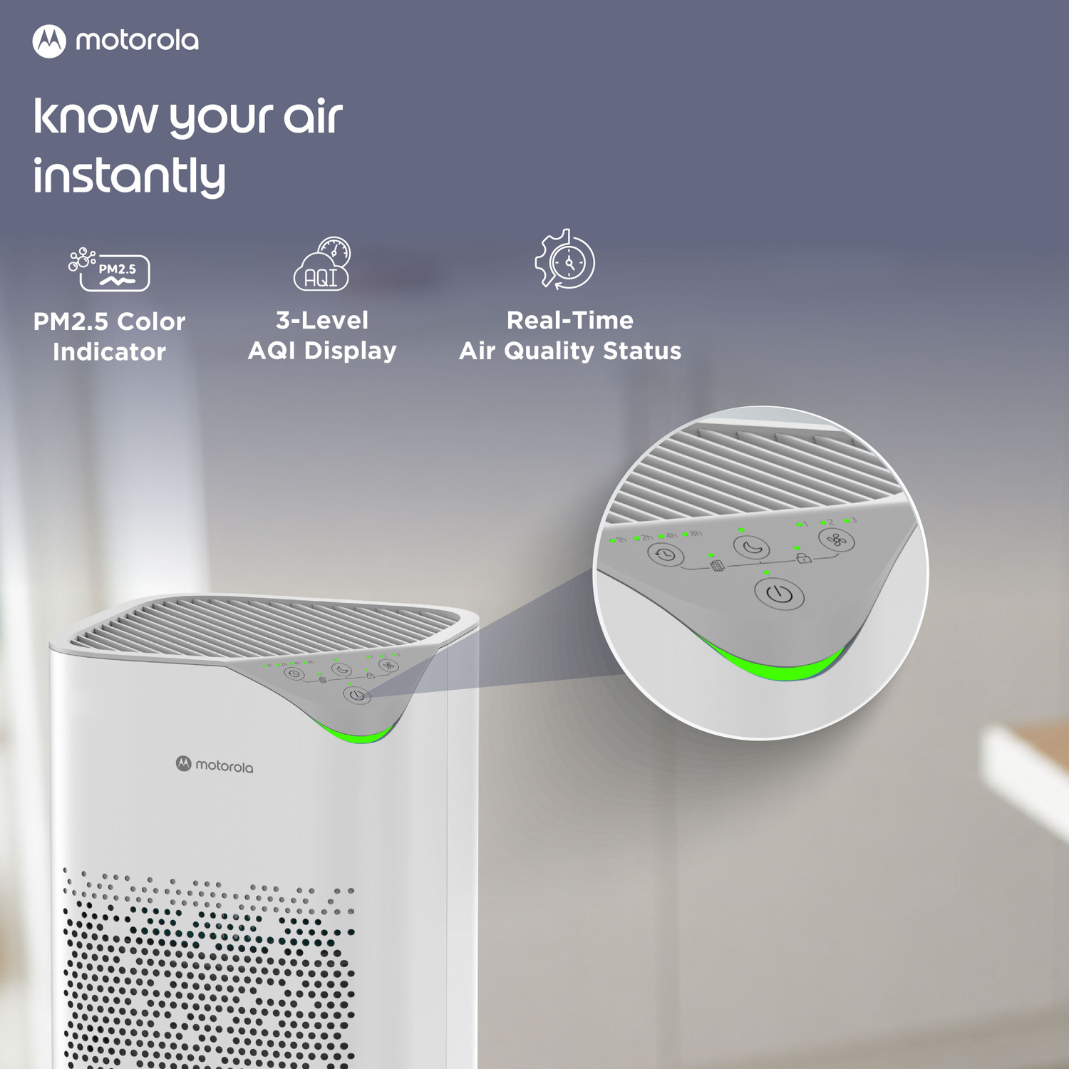 Image of MOTOROLA AirShield 150 CMH, CADR 4-Stage Filtration, Cover upto 190Sq ft, Removes 99.99% Dust, Allergens, Smoke, Virus, Portable Room Air Purifier