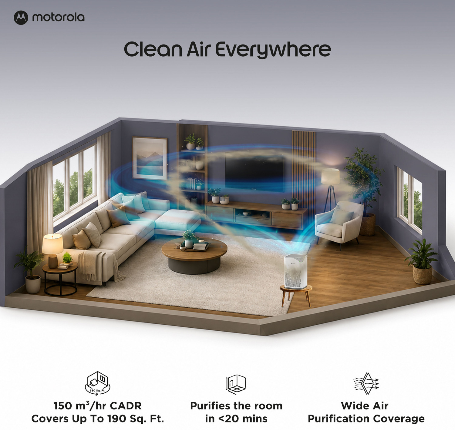 Image of MOTOROLA AirShield 150 CMH, CADR 4-Stage Filtration, Cover upto 190Sq ft, Removes 99.99% Dust, Allergens, Smoke, Virus, Portable Room Air Purifier