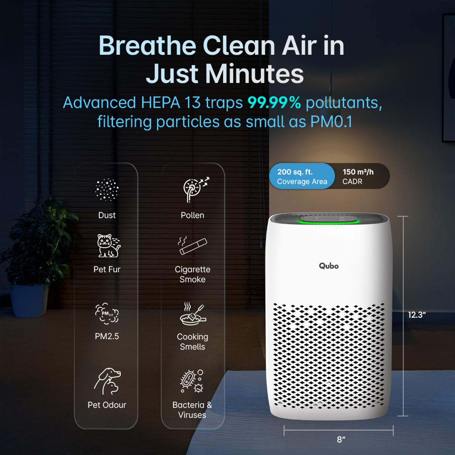 Image of Qubo Smart Air Purifier Q200 | 200 Sqft | HEPA 13 | App & Voice Control Room Air Purifier
