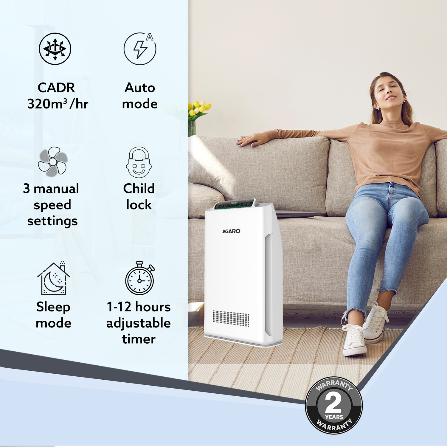 Image of AGARO Imperial Air Purifier, 7 Stage Purification System, Anion Generator, True HEPA Portable Room Air Purifier