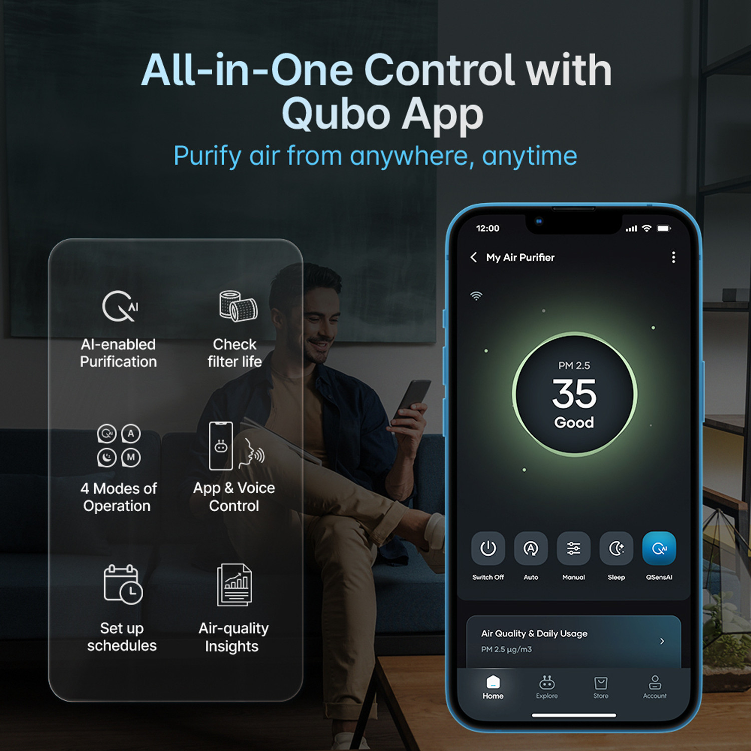 Image of Qubo Smart Air Purifier Q200 | 200 Sqft | HEPA 13 | App & Voice Control Room Air Purifier