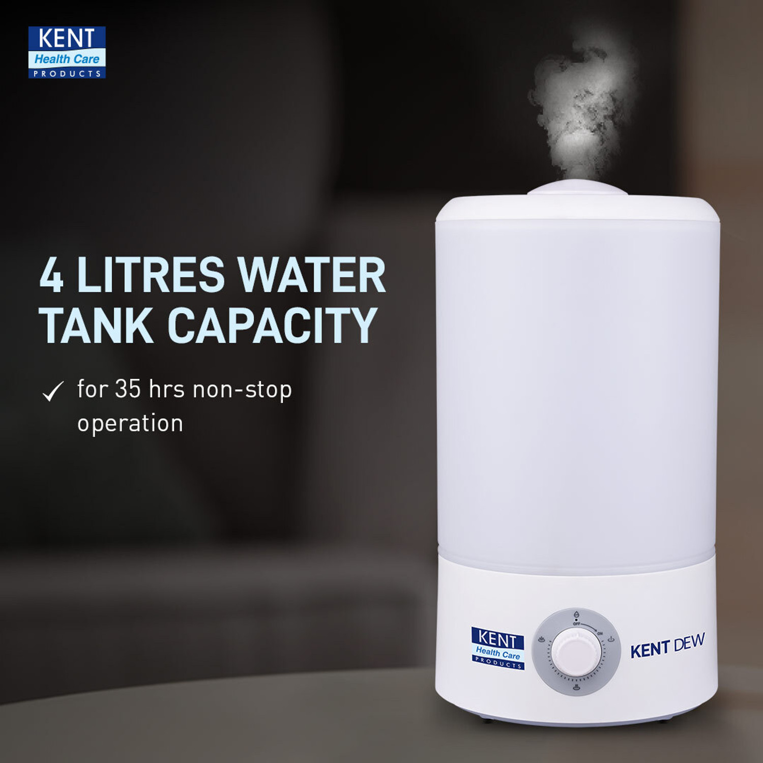 Image of KENT Dew Humidifier with Ultrasonic Mist 4L|25W|Eliminates Dryness of AC /Heater Portable Room Air Purifier