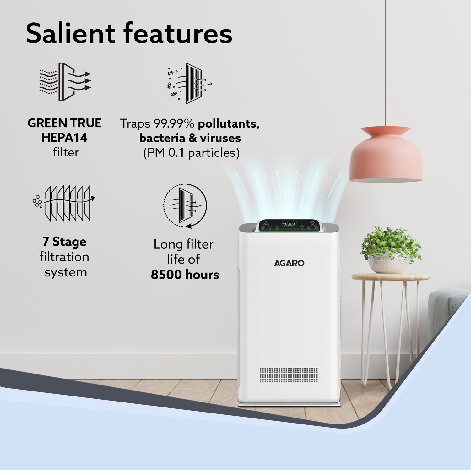 Image of AGARO Imperial Air Purifier, 7 Stage Purification System, Anion Generator, True HEPA Portable Room Air Purifier