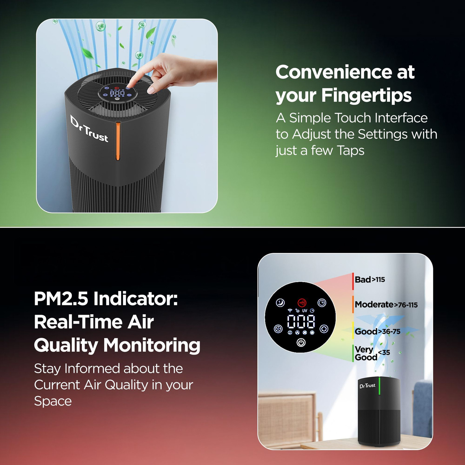 Image of Dr Trust USA Zurich HEPA Filter UV 4 Stage Filtration Air Quality Indicator Portable Room Air Purifier