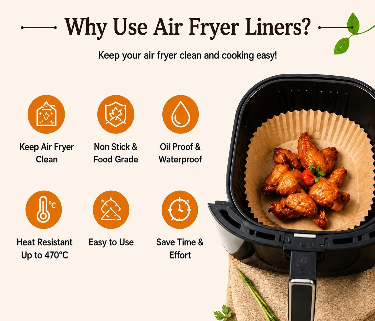 Image of Vinsufy Air Fryer Paper Liners 200 PCS | 160mm x 45mm | Non Stick Parchment Sheets Airfryer Grill Pan