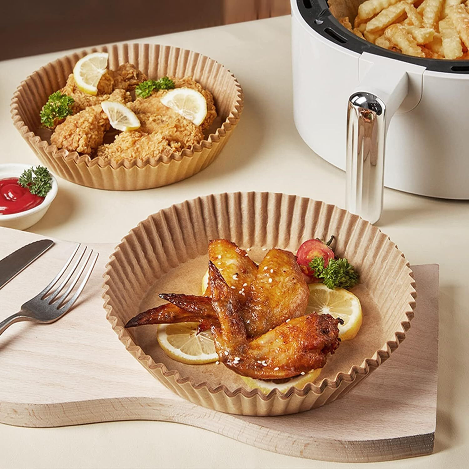 Image of KESOL Disposable Air Fryer Paper Liners 100 Pcs with Oil Brush Set Airfryer Tray