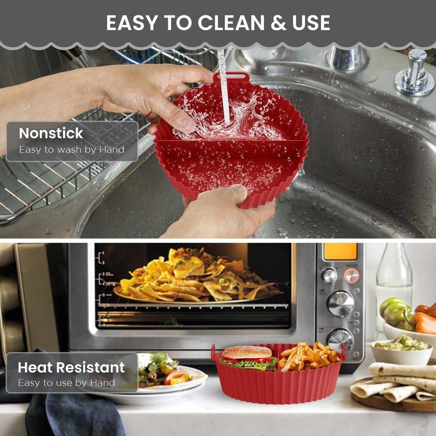 Image of TRUJVE 2p Air Fryer Liner Round Silicone Basket Baking Tray Pot with Divider Ear Handle Air Fryer