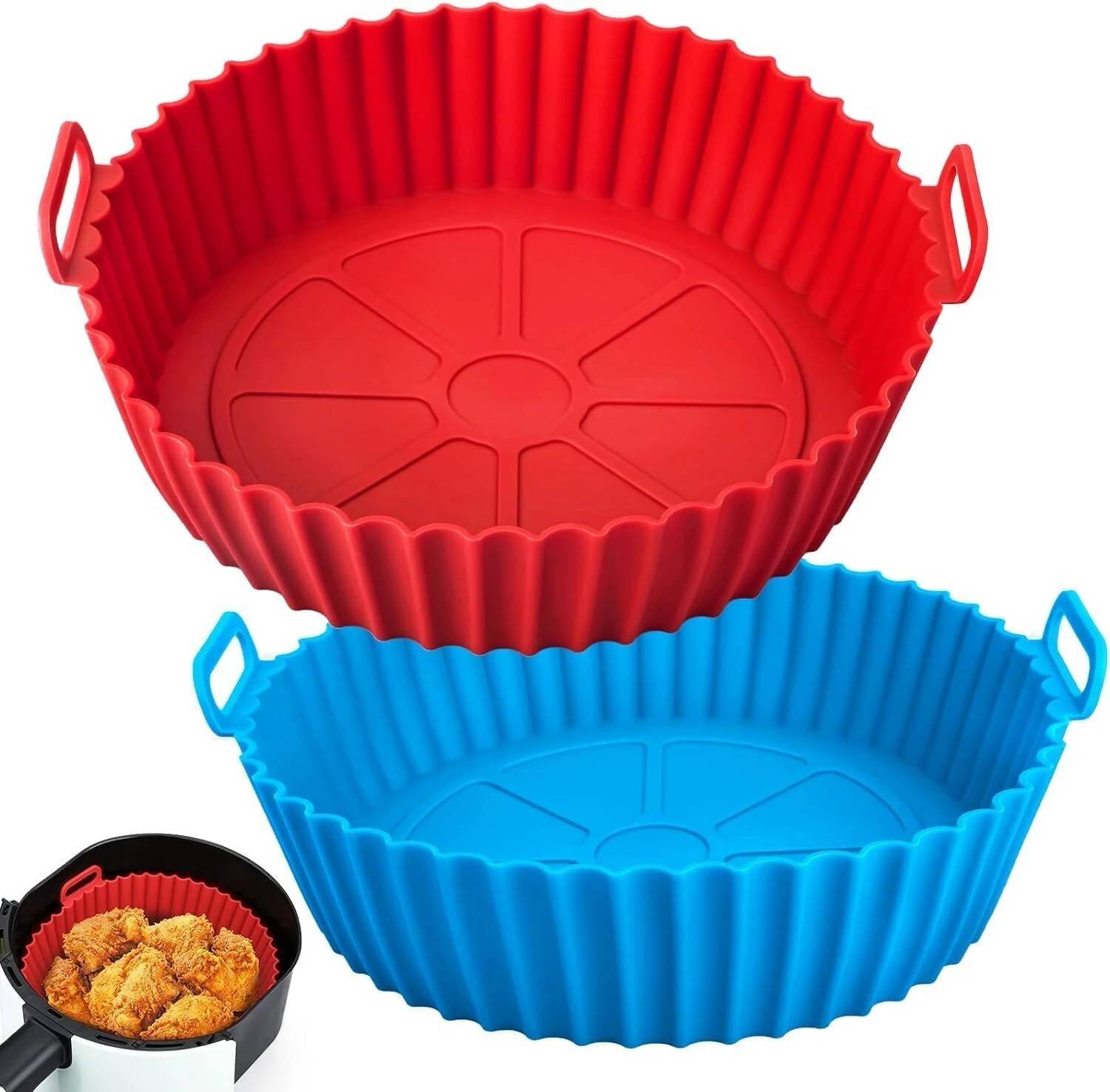 ABlue Clipper Air Fryer Silicone Tray Round Basket Liners Baking Pot with Ear Handles Nonstick Airfryer Tray