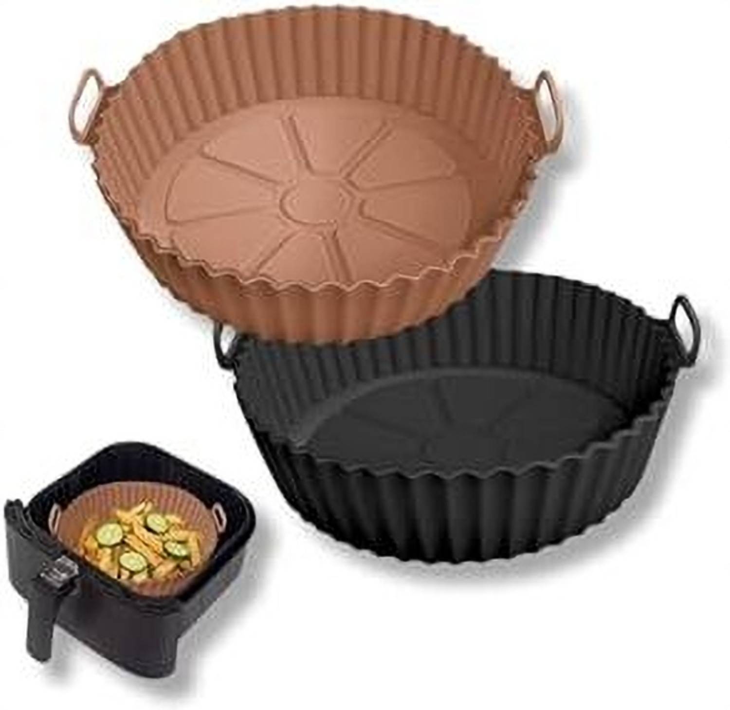 ALICIA 2PCS Round Silicone Basket Baking Tray I Pot with Ear Handles I Reusable Airfryer Tray